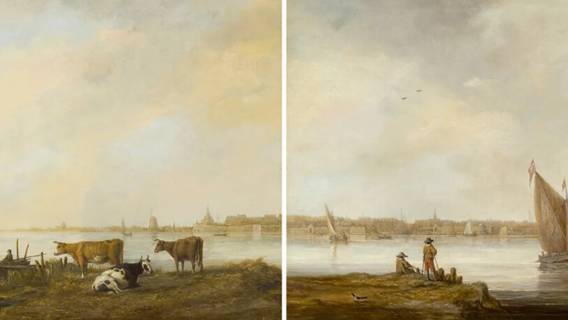HANDOUT - Die «Ansicht der Maas bei Dordrecht» (l) und die «Ansicht von Dordrecht» von Aelbert Cuyp (1620-1691) gehören nach neuen Forschungsergebnissen eigentlich zusammen als ein einziges großes Gemälde. Foto: Los Angeles County Museum Of Art/Museum…