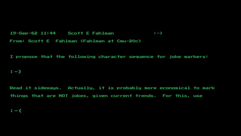 ARCHIV - Eine Nachricht des Computerwissenschaftlers Scott Fahlman von der Universität Pittsburgh vom 19. September 1982 zeigt seinen Vorschlag der Zeichenkombination «:-)» . - er gilt nun vielen als Urvater des digitalen Smileys. Dieses wurde in den USA…