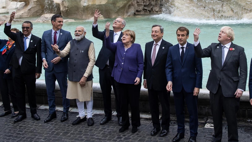 Pedro Sánchez (l-r), Ministerpräsident von Spanien, Narendra Modi, Premierminister von Indien, Scott Morrison (l), Premierminister von Australien, Angela Merkel (CDU), geschäftsführende Bundeskanzlerin, Mario Draghi, Premierminister von Italien, Emmanuel…
