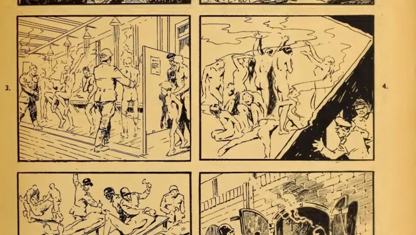 HANDOUT - Ein Auszug aus dem US-Comic «Nazi Death Parade» (Nazi Todes Parade) von 1944, dem vermutlich ältesten Comic über Gräueltaten der deutschen Nazis in Konzentrationslagern (undatierte Aufnahme). Die Zeichnungen beruhen auf Berichten von…