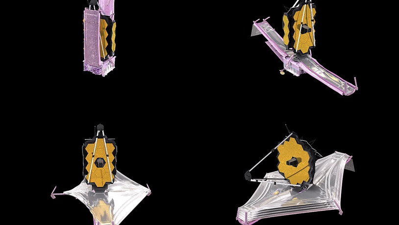 Verschiedene Stadien beim Aufklappen des neuen Weltraumteleskops James Webb in Computeranimationen. (Archivbild)