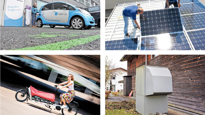 Soll im Kanton Standard werden: E-Mobilität, Fotovoltaik-Anlagen auf Dächern und Wärmepumpen.