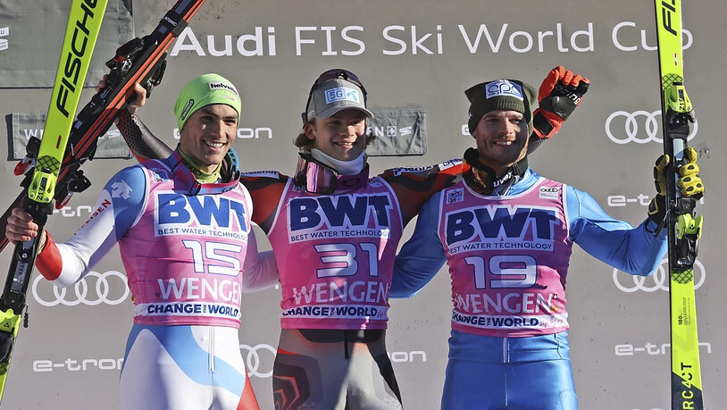 Die ersten drei des Slaloms in Wengen (v.l.): Daniel Yule, Lucas Braathen, Giuliano Razzoli