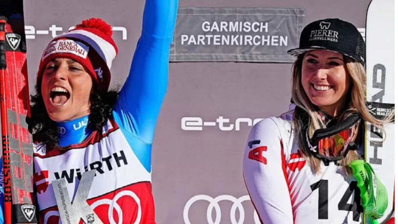 Zwei Siegerinnen: Mit der gleichen Zeit holen sich die Italienerin Federica Brignone (links) und die Österreicherin Cornelia Hütter den Super-G-Erfolg in Garmisch.
