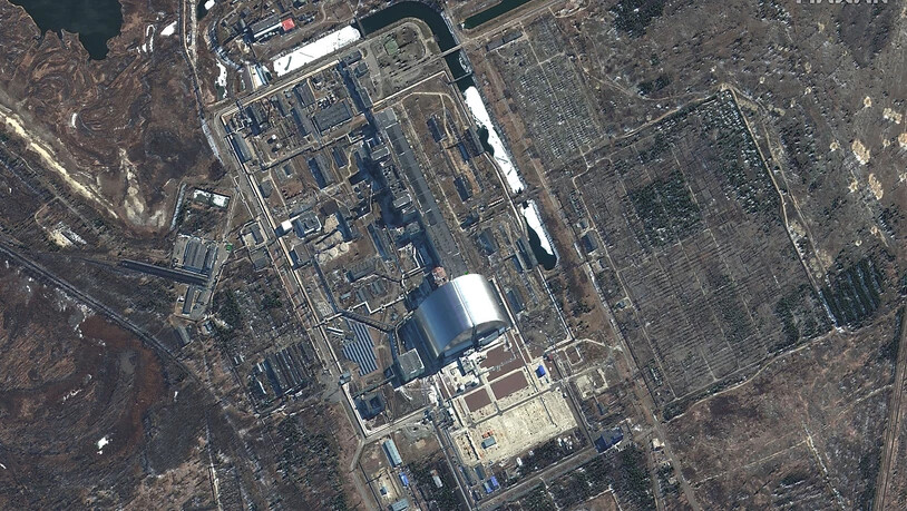 HANDOUT - Dieses von Maxar Technologies zur Verfügung gestellte Satellitenbild zeigt einen Überblick über die Nuklearanlagen von Tschernobyl in der Ukraine während der russischen Invasion am Donnerstag, den 10. März 2022. Foto: Uncredited/Maxar…