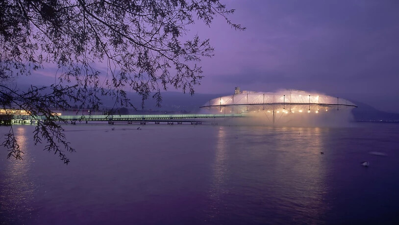 Die beleuchtete Plattform "Die Wolke (Le Nuage)" auf der Arteplage der Expo.02 in Yverdon-Les-Bains VD. Wann die nächste Landesausstellung stattfinden wird, steht noch in den Sternen. (Archivbild)