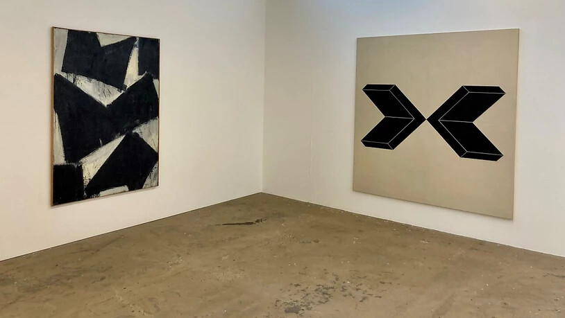 Werner von Mutzenbecher im Kunsthaus Baselland: Die Werkschau zeigt den Weg des Künstlers zur geometrischen Abstraktion (Bild rechts), der über Variationen des Action Paintings (links) führte.