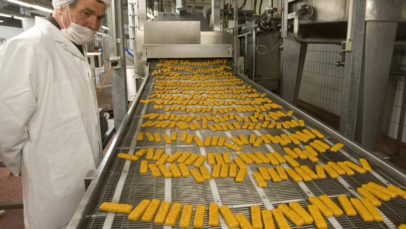 Frisch frittierte Fischstäbchen laufen in einer deutschen Fabrik vom Band (Symbolbild).