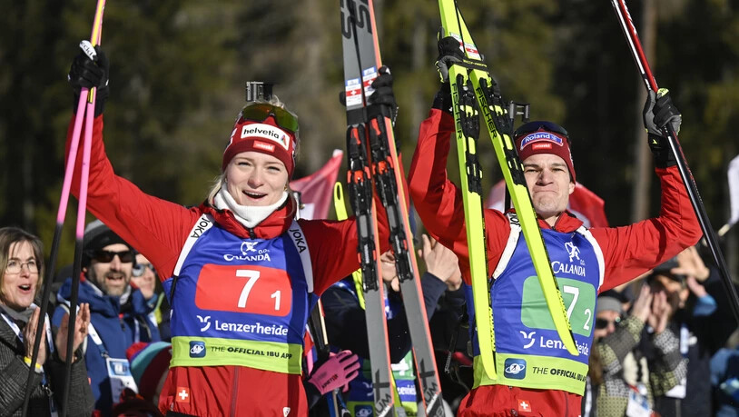 Siegerehrung: Amy Baserga und Niklas Hartweg lassen sich an der Heim-EM in Lenzerheide feiern.