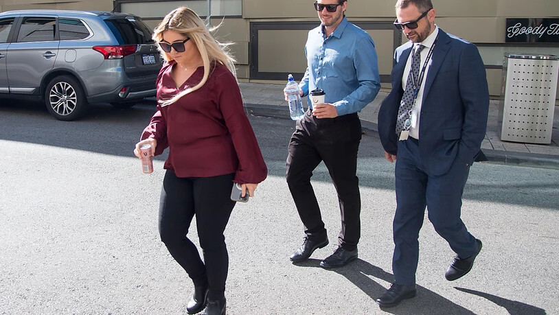 Cleo's mother Ellie Smith and stepdad Jake Gliddon (centre) at the District Court of WA in Perth, Wednesday, April 5, 2023. Terence Darrell Kelly is set to face sentencing over his abduction of four-year-old Cleo Smith from her family's campsite in…