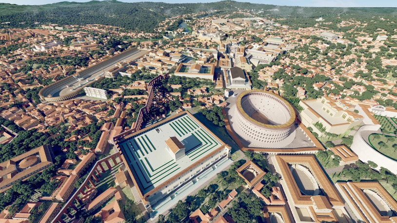 HANDOUT - Das computergenerierte Bild zeigt eine Luftaufnahme des antiken Roms im Jahr 320 n. Chr. mit dem Kolosseum (M) als 3D-Rekonstruktion «Rome Reborn 4.0». Eine virtuelle Zeitreise in das antike Rom - das ist von nun an mit dem von Wissenschaftlern…
