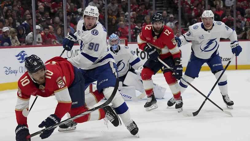 Janis Moser (90) kassiert in dieser Aktion eine Strafe, in deren Folge die Tampa Bay Lightning den zweiten Gegentreffer kassieren
