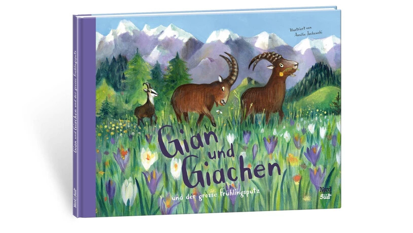 Farbenfroher Bergfrühling: Gian und Giachen verbünden sich im Frühlingsputz-Wettbewerb mit der kleinen Gämse Lena.