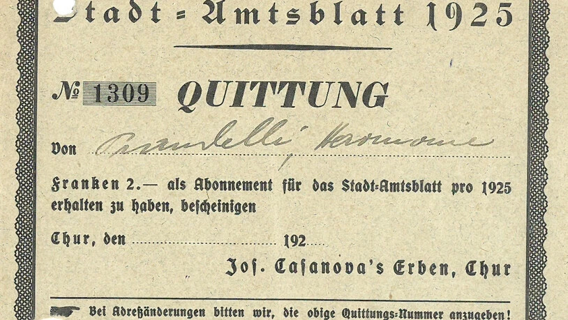 Abonnement-Quittung vom «Stadtamtsblatt» von Chur aus dem Jahr 1925.