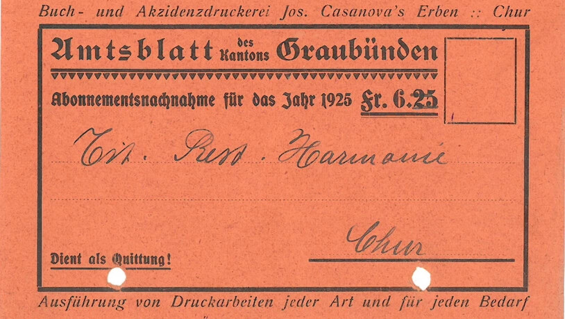 Abonnement-Quittung vom «Amtsblatt des Kantons Graubünden» aus dem Jahr 1925.