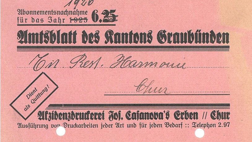 Abonnement-Quittung vom «Amtsblatt des Kantons Graubünden» aus dem Jahr 1926.