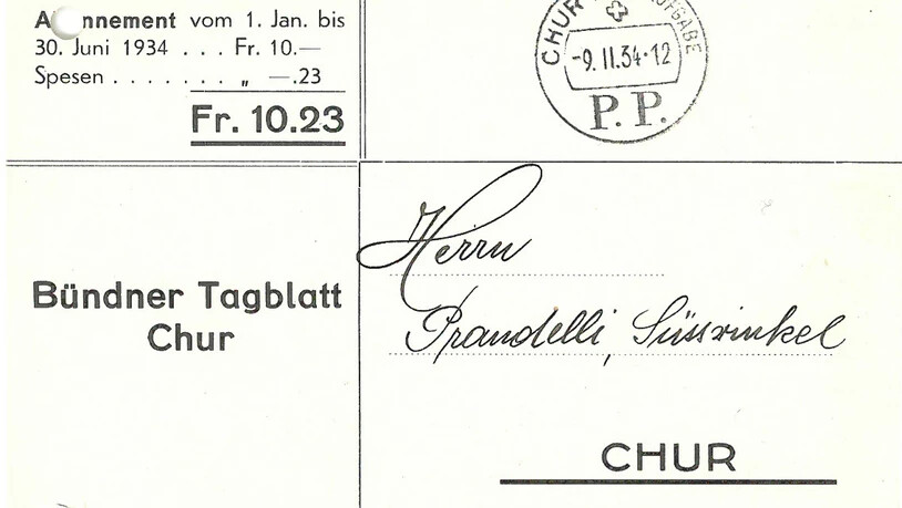 Abonnement-Quittung des «Bündner Tagblatts» aus dem Jahr 1934.
