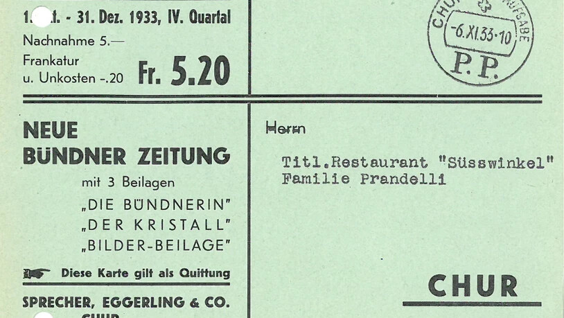 Abonnement-Quittung der «Neuen Bündner Zeitung» aus dem Jahr 1933.