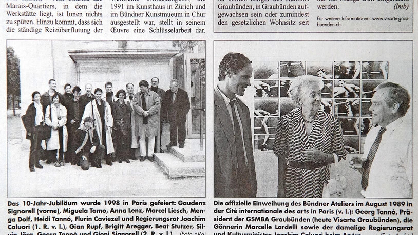 Historische Reise, festgehalten im «Bündner Tagblatt»: Im Jahr 1998 reiste eine Gruppe Bündner Kunstschaffender mit Regierungsrat Joachim Caluori nach Paris, um das Zehn-Jahr-Jubiläum des Ateliers zu feiern.