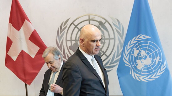 Bundespräsident Alain Berset (Rechts) bei seinem Besuch Anfang März in New York mit Uno-Generalsekretär Antonion Guterres. (Archivbild)