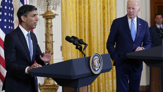 Großbritanniens Premierminister Rishi Sunak und US-Präsident Joe Biden geben eine Pressekonferenz im Weißen Haus. Foto: Susan Walsh/AP/dpa