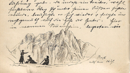 «Rast auf dem Stich»: Gustel Pfeiffer beschreibt und zeichnet eine Ruhepause mit ihrer Schwester Nelli und «Herrn Heinrich aus Liesthal» auf dem Weg von Mullern zum Nüenkamm, mit den Mürtschen im Hintergrund.
