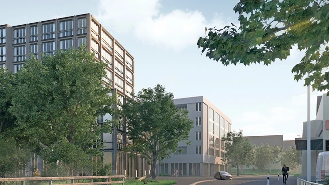 So sieht es von der Joner Holzwiesstrasse aus: Das vordere Gebäude ist Teil des Noldin-Projekts, das hintere wird das Genossenschaftshaus – und ist noch nicht final visualisiert.