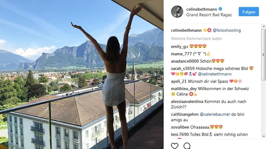 Für ein Fotoshooting sei sie in der Schweiz, schreibt Céline Bethmann zu ihrem Bild.
