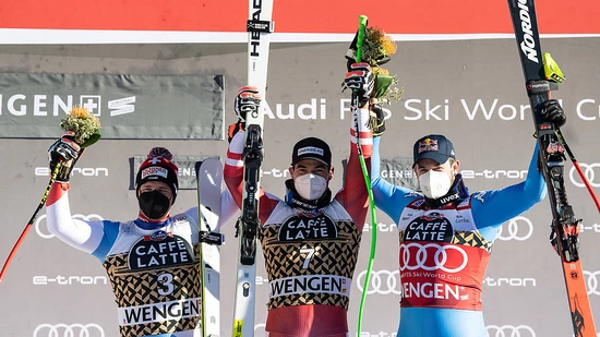 Mit Vincent Kriechmayr ein österreichischer Sieger in der Mitte, links der zweitplatzierte Berner Beat Feuz, rechts der Südtiroler Dominik Paris