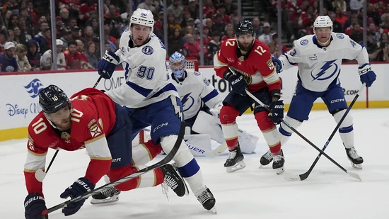 Janis Moser (90) kassiert in dieser Aktion eine Strafe, in deren Folge die Tampa Bay Lightning den zweiten Gegentreffer kassieren