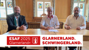 Jakob Kamm, OK-Präsident; Markus Lauener, Obmann Eidg. Schwingerverband; Hansruedi Hauser, Präsident Trägerverein ESAF 2025
