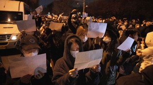 dpatopbilder - Demonstranten in Peking halten leere Papiere hoch, während sie protestieren. Foto: Ng Han Guan/AP/dpa