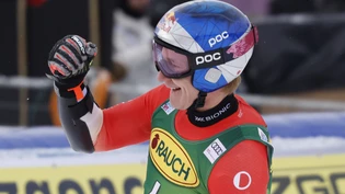 Marco Odermatt weiss im Ziel in Lake Louise sofort, dass ihm im Super-G eine ganz starke Fahrt gelungen ist