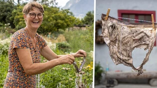 Ausnahmsweise stolz auf löchrige Unter­wäsche: Mariella Grob präsentiert die von ihr vergrabenen Bio-Baumwoll-Unterhosen nach fast zwei Monaten unter der Erde.