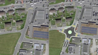 Aus zwei Kreuzungen (linkes Bild) wird ein Kreise (rechtes Bild)l: Auf der Feldlistrasse im Osten Rapperswil-Jonas soll der Verkehr dadurch flüssiger und sicherer werden. Pressebilder