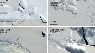 HANDOUT - Vier neue Kaiserpinguin-Kolonien in der Antarktis zeigen diese Satellitenbildern, die vom Copernicus-Programm der EU über den British Antarctic Survey bereitgestellt wurden. Foto: Peter Fretwell - BAS/Copernicus /British Antarctic Survey/AP/dpa…