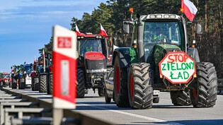 Landwirte aus Polen sind auf der Autostrada A2 (Europastraße 30) mit ihren Fahrzeugen in Richtung der deutsch-polnischen Grenze (Frankfurt/Oder) unterwegs. Foto: Patrick Pleul/dpa