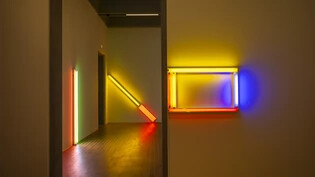 Lichtinstallationen von Dan Flavin in dessen Retrospektive  "Dan Flavin - Widmungen aus Licht" im Kunstmuseum Basel.
