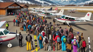 Bis anhin herrschte eigentlich fast nur während den Trainingsflügen der Patrouille Suisse Grossandrang am Flugplatz Wangen-Lachen: Dies könnte sich beim Einrichten eines Ski-Shuttles nach Samedan blitzartig ändern, wie dieses KI-generierte Bild zeigt. 