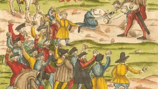 Publikumsanlass mit ungeahnter Wendung: 1576 wird in Chur ein offenbar betrunkener Scharfrichter nach drei schlecht ausgeführten Hinrichtungen von den Zuschauern gesteinigt – die Zeichnung findet sich in der frühen Nachrichtensammlung «Wickiana» (1560-1590).