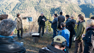 Schweizweites Interesse: Wildbiologe Hannes Jenny (links) und Jagdinspektor Georg Brosi (Mitte) beantworten im November 2012 am Kunkelspass Fragen von Medienschaffenden zum ersten Wolfsrudel am Calanda.
