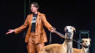 Nimmt gleich zwei Hunde mit zur Arbeit: Im Theaterstück «The Dogfather», das demnächst in der Churer Postremise uraufgeführt wird, steht Schauspielerin Miriam Japp mit den Greyhounds Orell und Ouessane (von links) auf der Bühne.