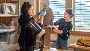 Kennt alle Details: Karoline Soppa von der Hochschule der Künste in Bern (rechts) weist auf eine Besonderheit auf der Rückseite einer Statue hin. 