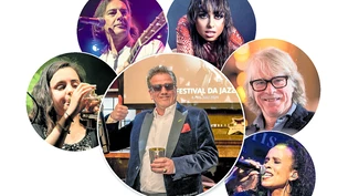 Vorfreude bei Festivalgründer Christian Jott Jenny (Mitte): Andrea Motis, Pippo Pollina, Veronica Swift, Helge Schneider und Nubya (von links im 
Uhrzeigersinn) treten in diesem Jahr neben vielen anderen in St. Moritz auf.