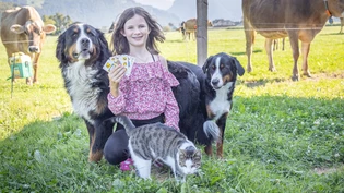 Ganz Profi: Jasskönigin Lena Stucki posiert mit ihrem Lieblingsspiel und ihren Lieblingshunden.