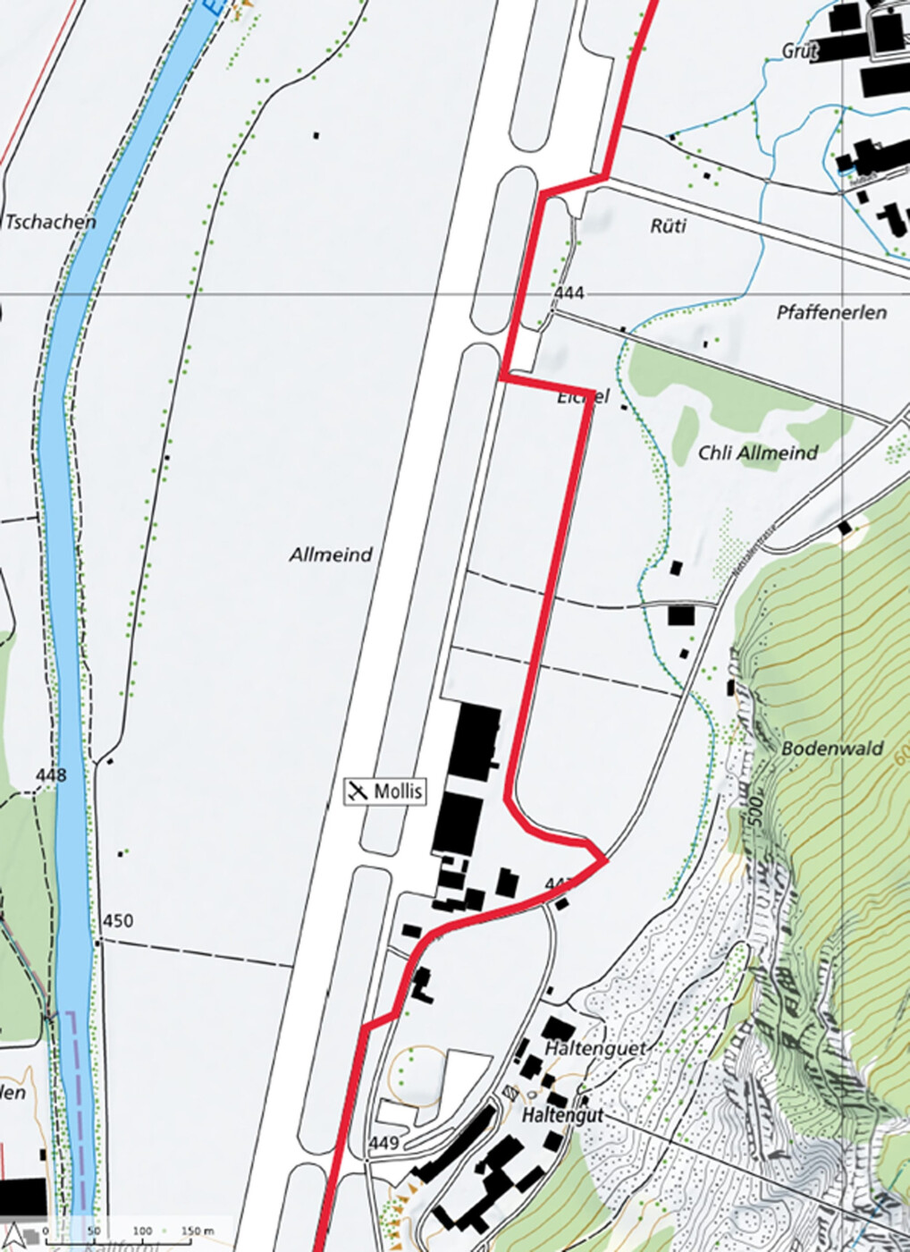 Im Zickzack statt geradeaus: Der Weg führt neu hinter den Hangars über eine neue Strasse.