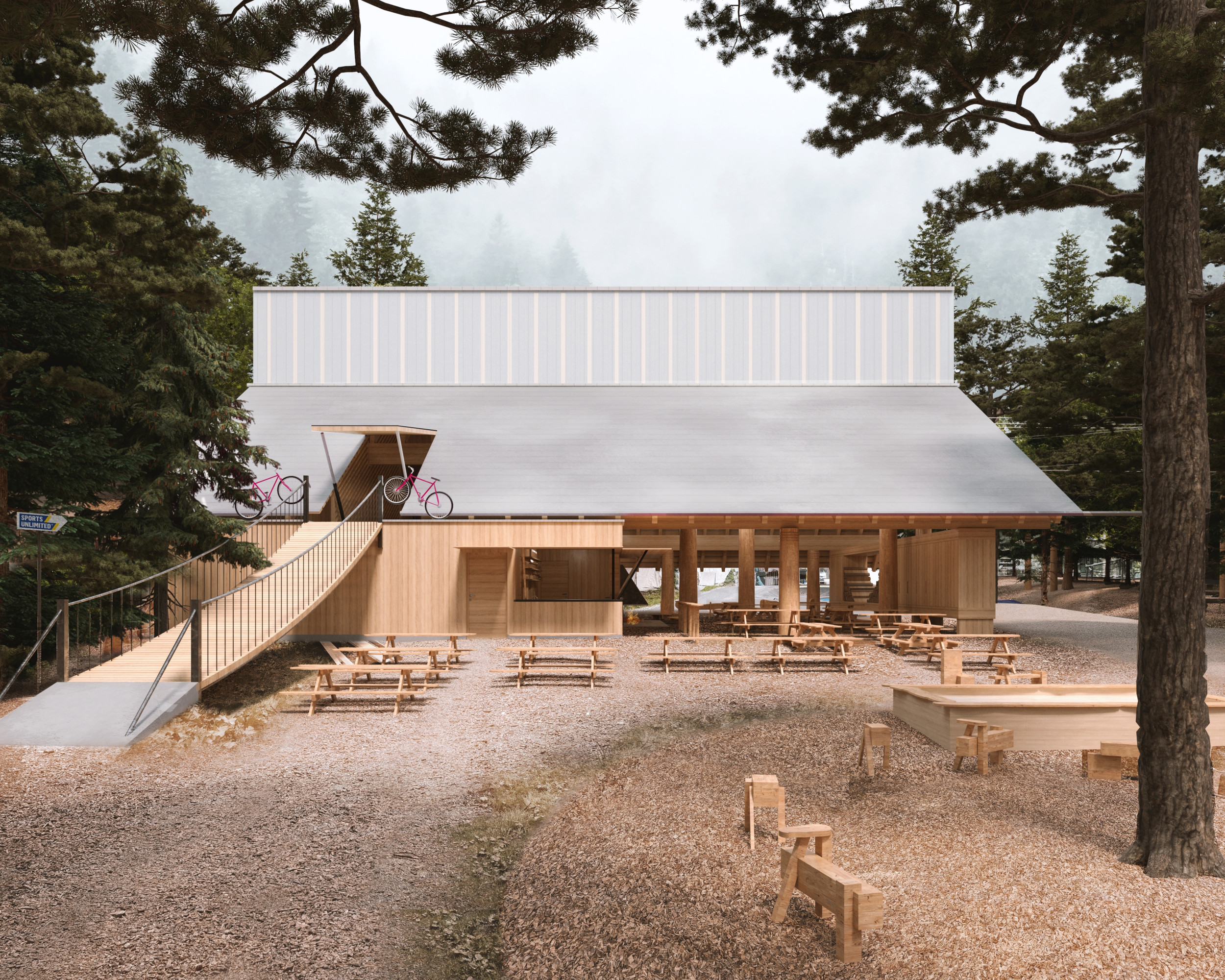 Siegerprojekt des Ateliers Lando Rossmaier: Ein offenes, zweigeschossiges Gebäude mit Gastronomie im Erdgeschoss und Seilpark-Bereichen darüber.  